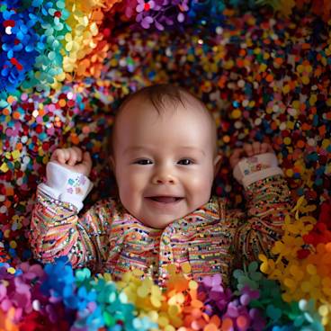 A baby surrounded by rainbow confetti