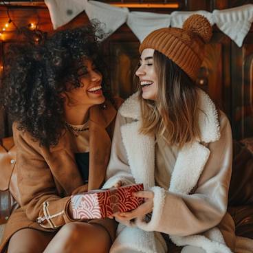 Two friends exchanging gifts and laughing together