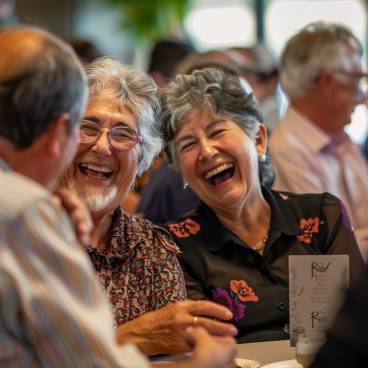 A group of people laughing together at a retirement party with a card in the foreground
