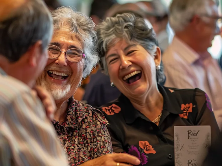 A group of people laughing together at a retirement party with a card in the foreground