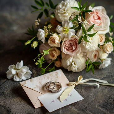 A beautiful wedding congratulations card beside a bouquet and wedding rings, capturing the essence of sharing heartfelt messages
