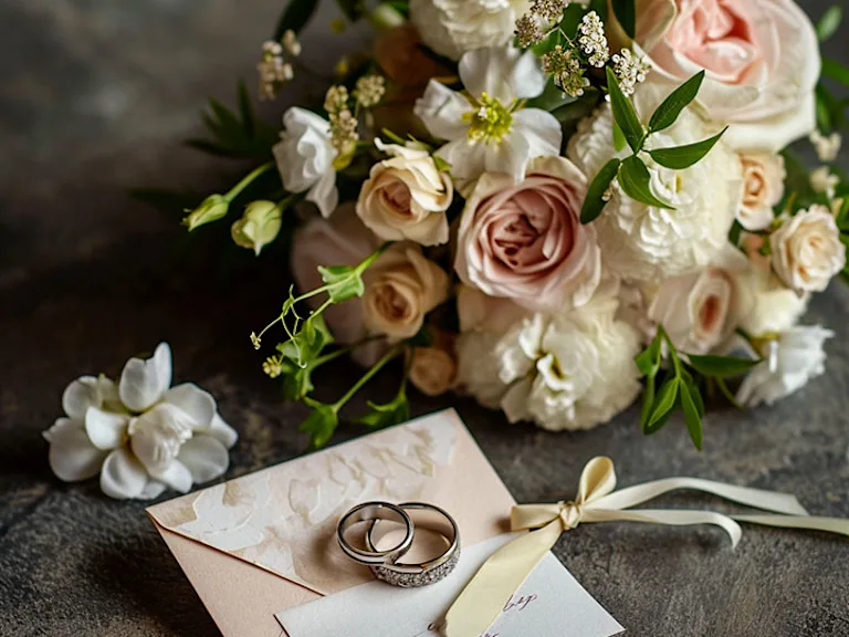 A beautiful wedding congratulations card beside a bouquet and wedding rings, capturing the essence of sharing heartfelt messages
