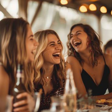 Group of friends laughing together at a birthday party