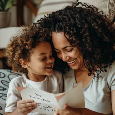A mom and daughter smiling while reading a funny Mother's Day card