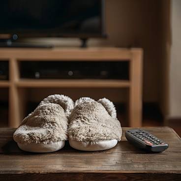 A pair of slippers and a TV remote on a table, representing the new daily essentials of a retiree.