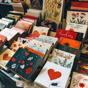 Photograph of Valentine's cards spread out on a table, showcasing different designs and messages