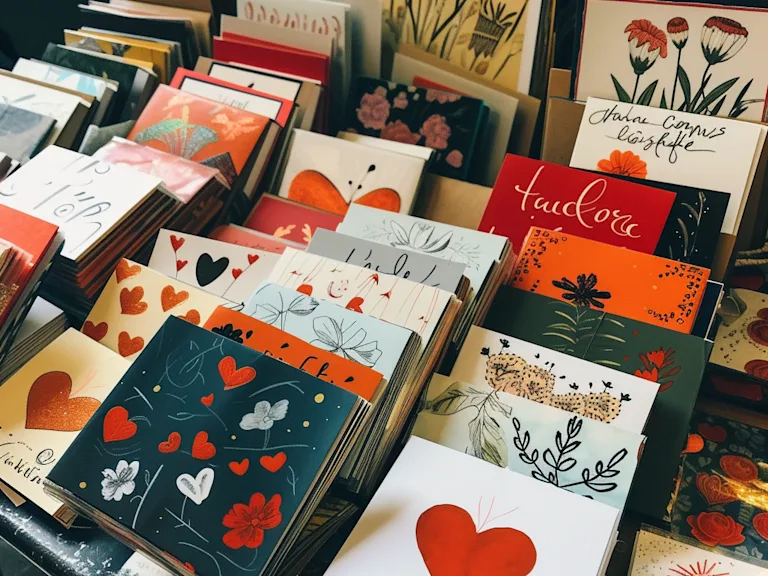 Photograph of Valentine's cards spread out on a table, showcasing different designs and messages