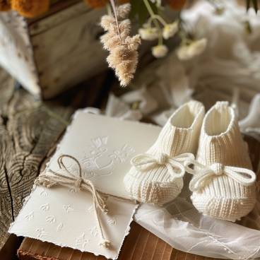 A heartwarming greeting card and baby booties, capturing the essence of welcoming a new baby