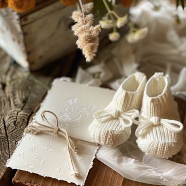 A heartwarming greeting card and baby booties, capturing the essence of welcoming a new baby