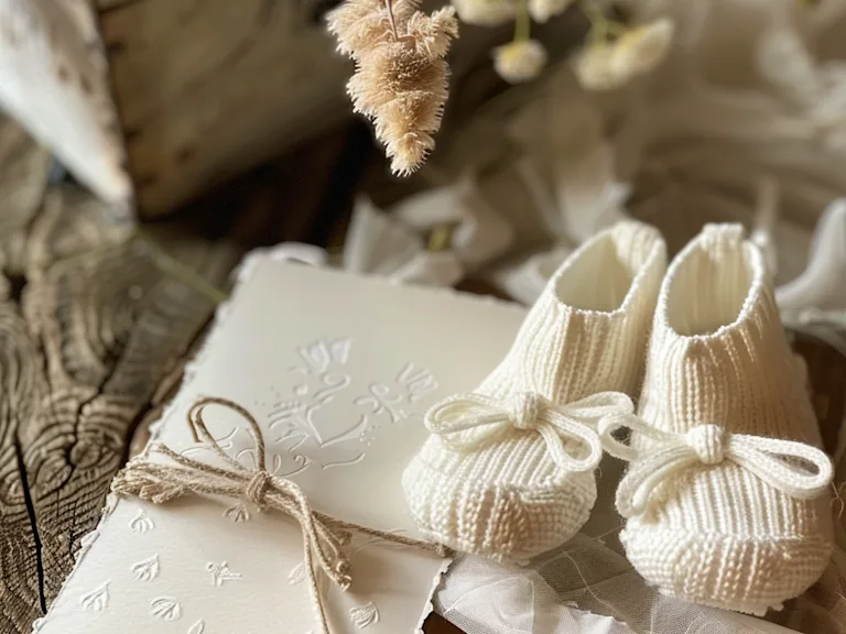 A heartwarming greeting card and baby booties, capturing the essence of welcoming a new baby