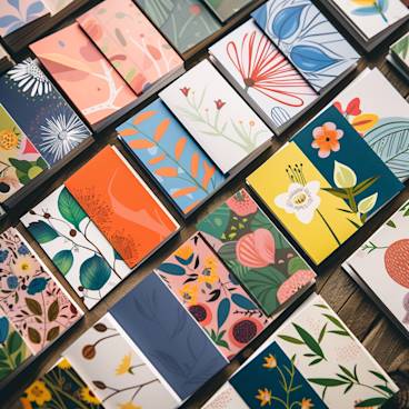 Diverse greeting cards on a wood table