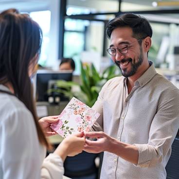 Coworker receiving a goodbye card filled with personal good luck messages from their team