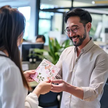 Coworker receiving a goodbye card filled with personal good luck messages from their team