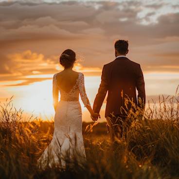 Bride and groom standing hands holding with at sunset seaside grass