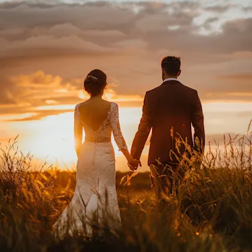 Bride and groom standing hands holding with at sunset seaside grass