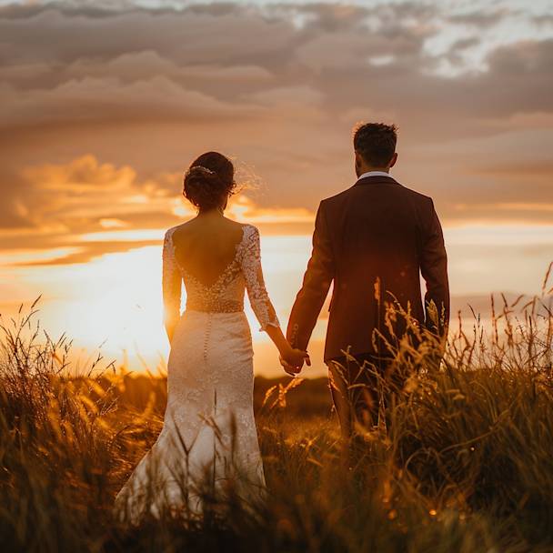 Bride and groom standing hands holding with at sunset seaside grass