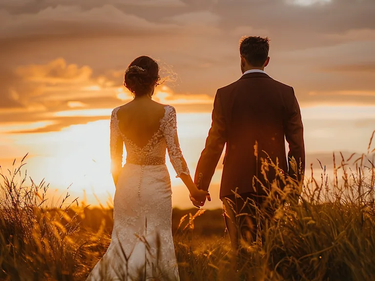 Bride and groom standing hands holding with at sunset seaside grass