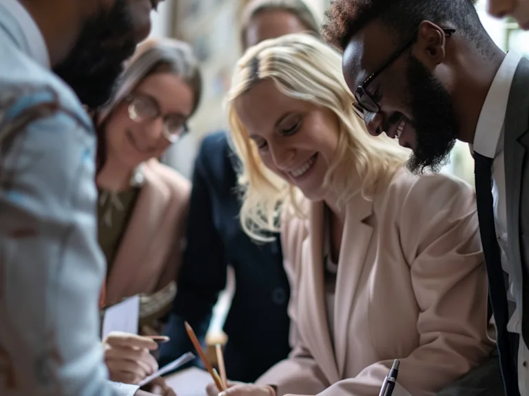 A group of diverse office employees writing in a farewell card for a colleague