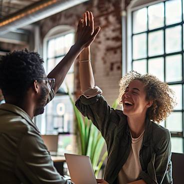 Photograph of two people high-fiving in an office setting