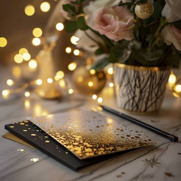 Desk with roses decorated in gold paper, in the style of night photography, glitter