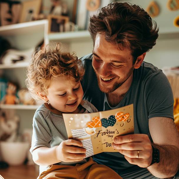Photograph of a young father opening a father's Day card, with a smile on his face