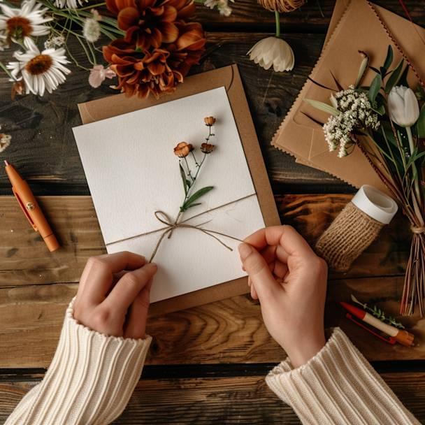 Hands crafting a personalized get well message, symbolizing the personal touch and care put into the card