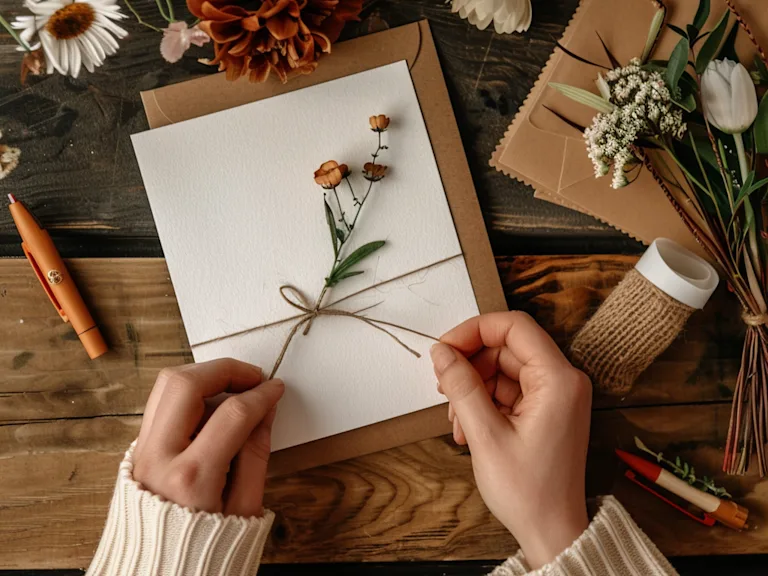 Hands crafting a personalized get well message, symbolizing the personal touch and care put into the card