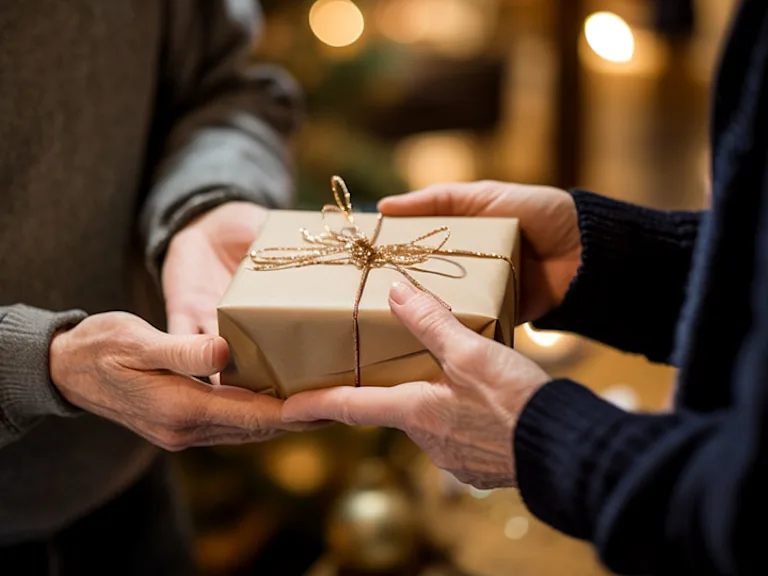 Photograph of a neatly wrapped gift being passed from one person to another