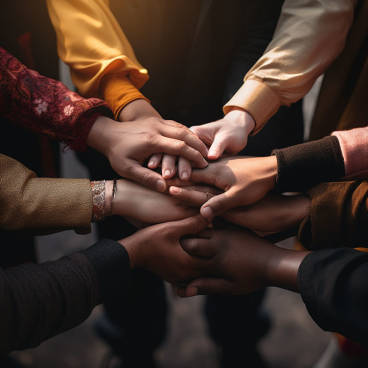 Photograph of hands from diverse backgrounds reaching towards each other, symbolizing gratitude and unity in different cultures