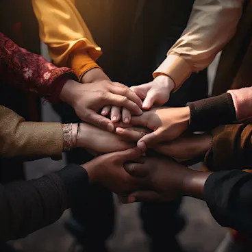 Photograph of hands from diverse backgrounds reaching towards each other, symbolizing gratitude and unity in different cultures