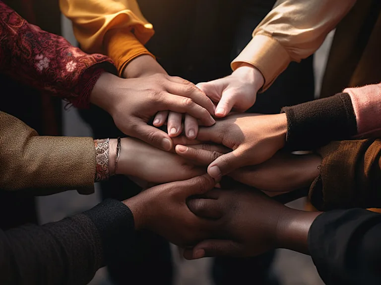 Photograph of hands from diverse backgrounds reaching towards each other, symbolizing gratitude and unity in different cultures