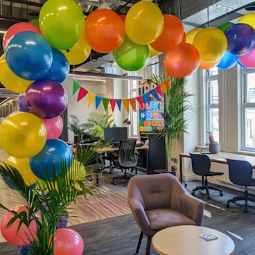 A vibrant office space filled with balloons and a 'Congratulations' banner to celebrate a new job