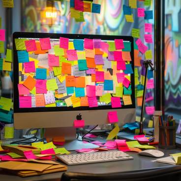 Office leaving prank photograph sharp angle vibrant colors office computer and deck covered in colourful post it notes