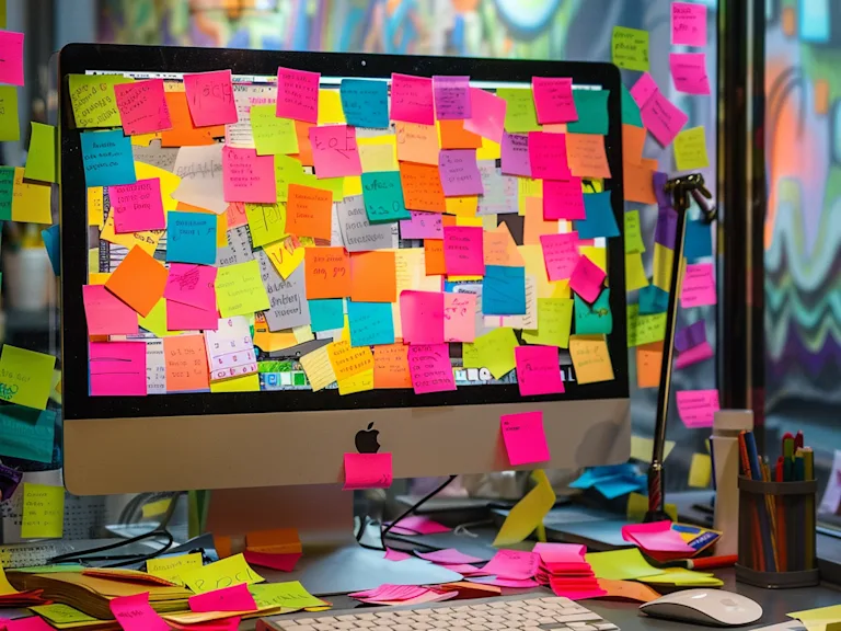 Office leaving prank photograph sharp angle vibrant colors office computer and deck covered in colourful post it notes