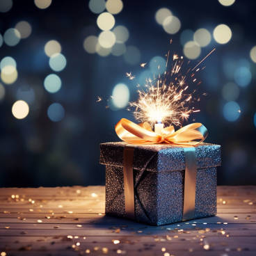 Photograph of a neatly wrapped gift with a bow on top next to a lit sparkler, symbolizing the excitement of the New Year