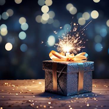 Photograph of a neatly wrapped gift with a bow on top next to a lit sparkler, symbolizing the excitement of the New Year