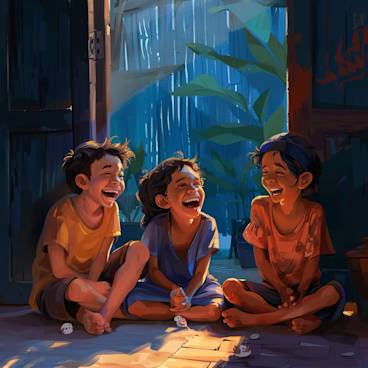 A illustrated heartwarming scene of cousins laughing together, showcasing the deep bond and joyous moments shared between family members.