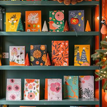 A vibrant assortment of seasonal greeting cards displayed on a shelf