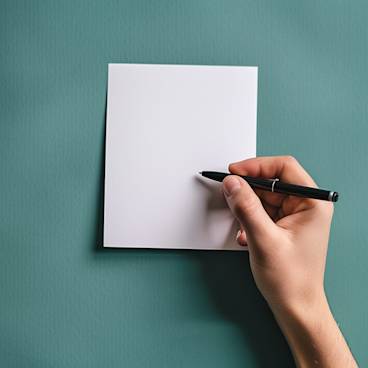 Hand holding a pen, ready to write on a blank card