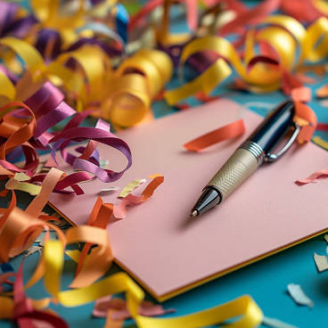 Photograph of an open 50th birthday card surrounded by colorful streamers and a pen poised to write a warm message