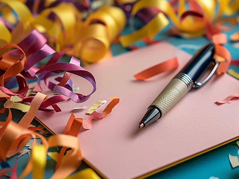 Photograph of an open 50th birthday card surrounded by colorful streamers and a pen poised to write a warm message