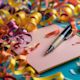 Photograph of an open 50th birthday card surrounded by colorful streamers and a pen poised to write a warm message