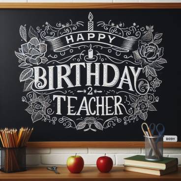 Happy Birthday Teacher written decoratively on a schoolroom blackboard