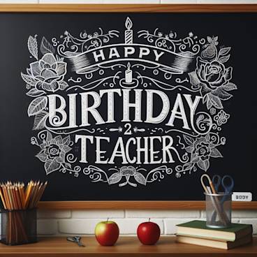 Happy Birthday Teacher written decoratively on a schoolroom blackboard