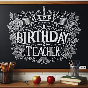 Happy Birthday Teacher written decoratively on a schoolroom blackboard