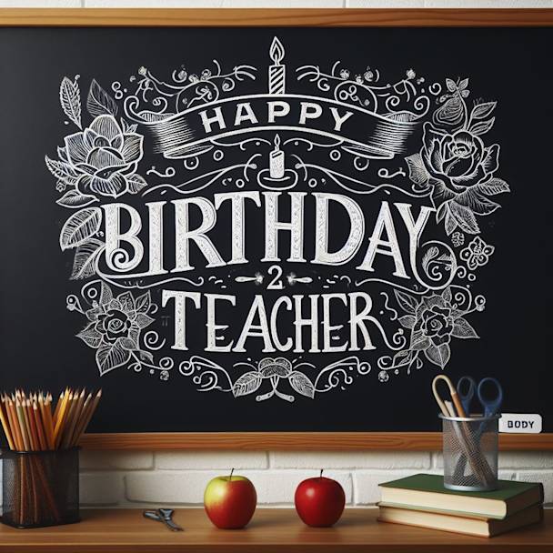 Happy Birthday Teacher written decoratively on a schoolroom blackboard