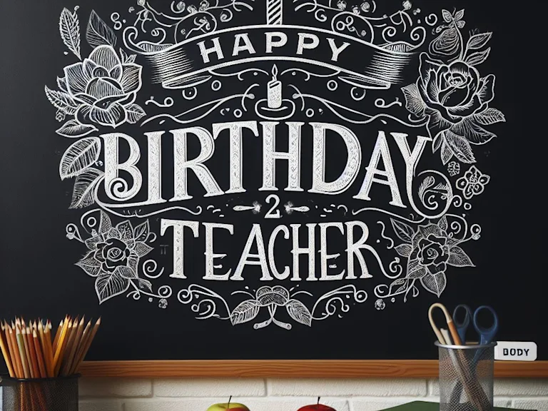 Happy Birthday Teacher written decoratively on a schoolroom blackboard