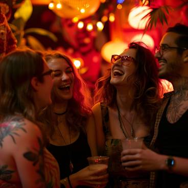 Group of friends holding drinks laughing together at a birthday party