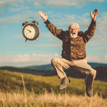 A funny image of a retiree throwing an alarm clock into the air, symbolizing freedom from the daily grind.