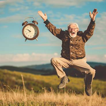 A funny image of a retiree throwing an alarm clock into the air, symbolizing freedom from the daily grind.